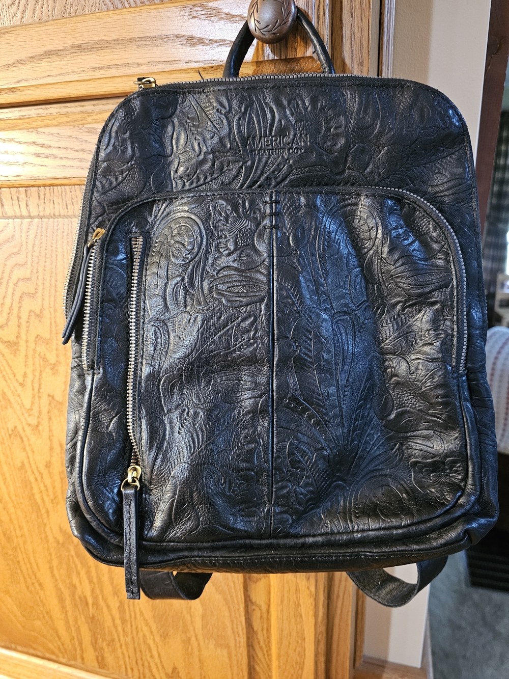 American West Black Tooled Leather Backpack with Front Zip Pocket